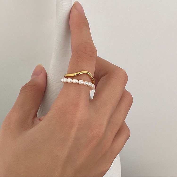 Gold Rings Open Rings Gold Wavy Pearl Open Ring Lustrous Embrace – A.M.Jewelry Studio