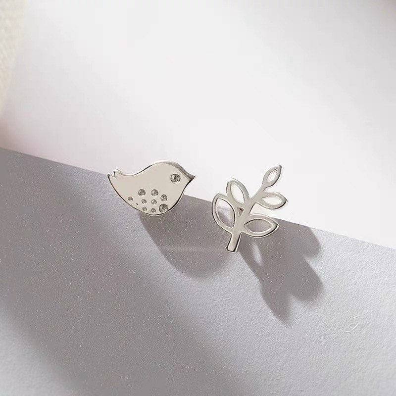 Tiny bird and branch leaf earrings, Studs, Sterling Silver, Mismatched earrings, Gifts for kids, Cutest.