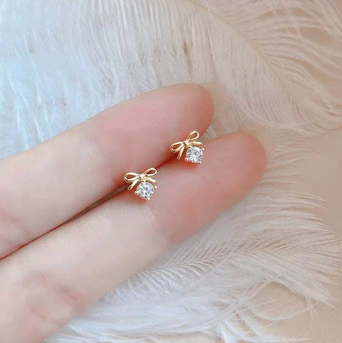 Tiny Bow Stud Earrings , Bow Tie, Sterling Silver, Crystal, Cute , Best Gift for Her.