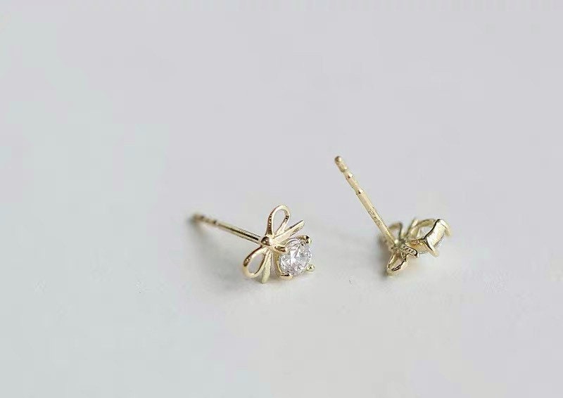 Tiny Bow Stud Earrings , Bow Tie, Sterling Silver, Crystal, Cute , Best Gift for Her.