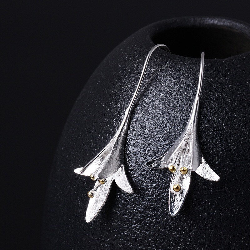 Silver Lily Earrings, Orchid Earrings, Flower Earrings, Dangle Earrings, Sterling Silver, Gifts for her, Elegant