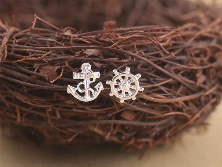 Tiny anchor and rudder earrings, Studs, Sterling Silver, Mismatched earrings, Cutest.