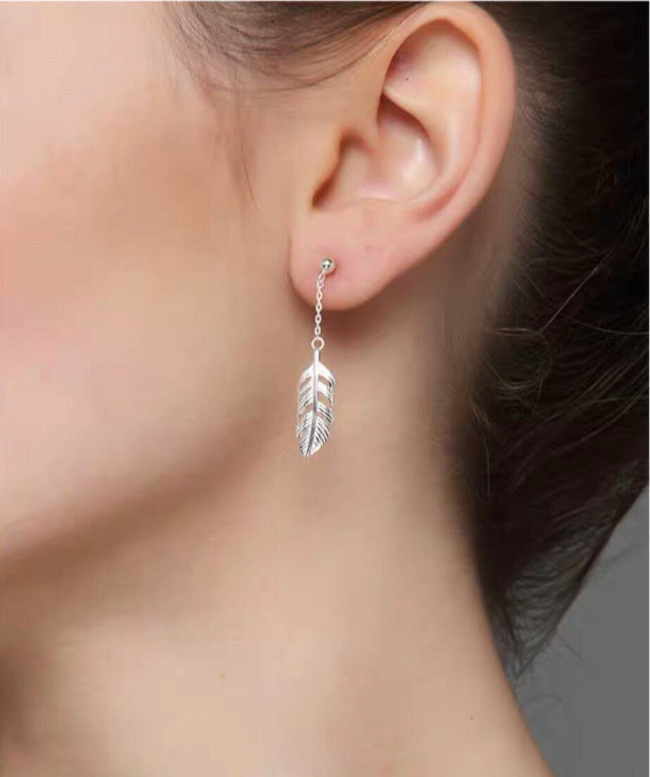 Tiny feathers earrings, Dangle earrings, Sterling Silver, Mismatched earrings, Cutest.
