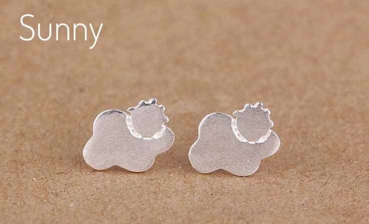 Tiny clouds earrings, Weather earrings, Moody, Studs, Sterling Silver, Mismatched earrings, Cloudy, Sun, Flash, Sold by single.