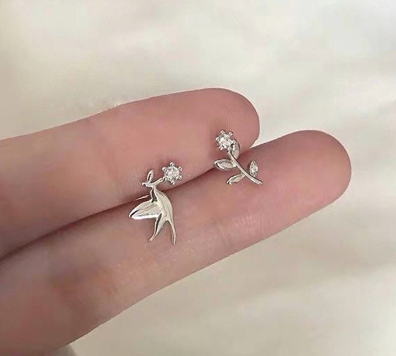 Tiny bird and branch leaf earrings, Studs, Sterling Silver, Mismatched earrings, Gifts for kids, Cutest.