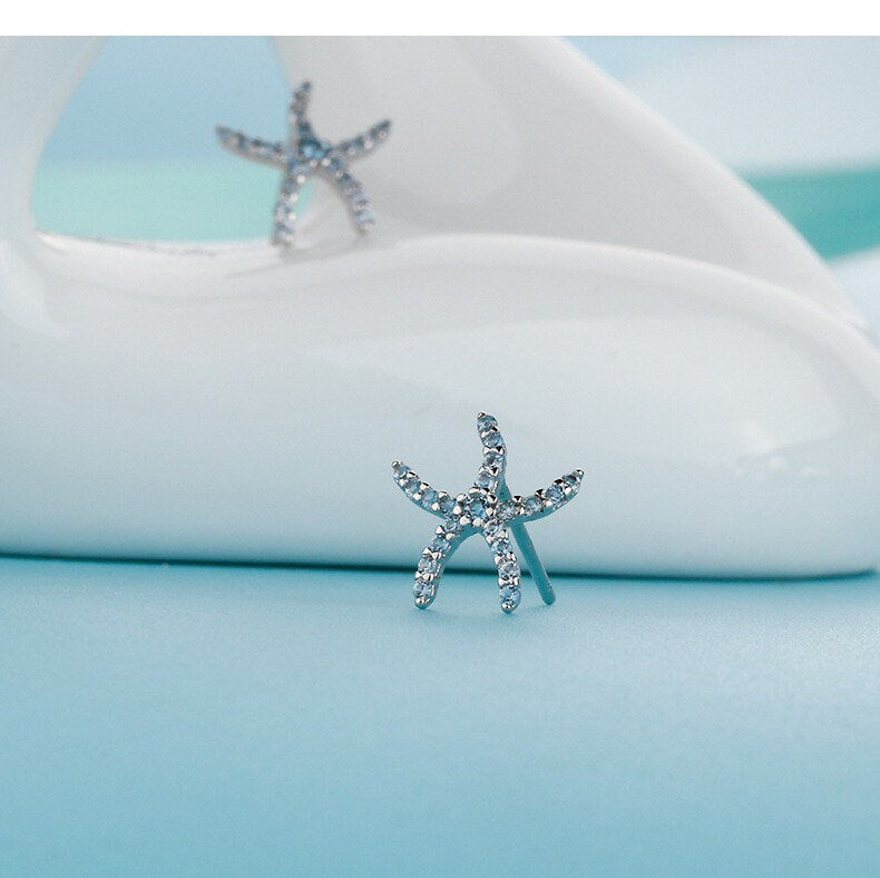 Starfish earrings , Blue starfish studs,  Sterling Silver, S925, Dainty, Gift for her