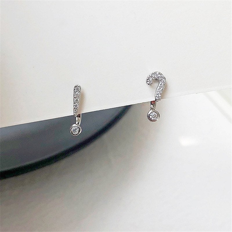 Tiny Punctuation Earrings, Question mark and exclamation mark studs, Sterling Silver, S925, Mismatched studs, Grammar studs