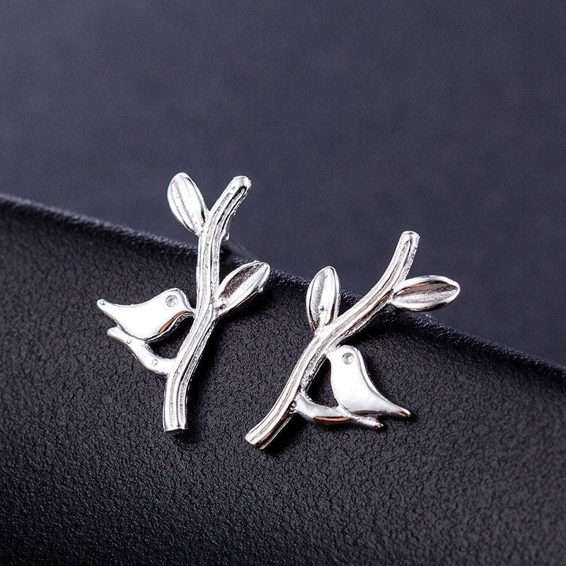 Tiny bird and branch leaf earrings, Studs, Sterling Silver, Gifts for kids, Cutest.