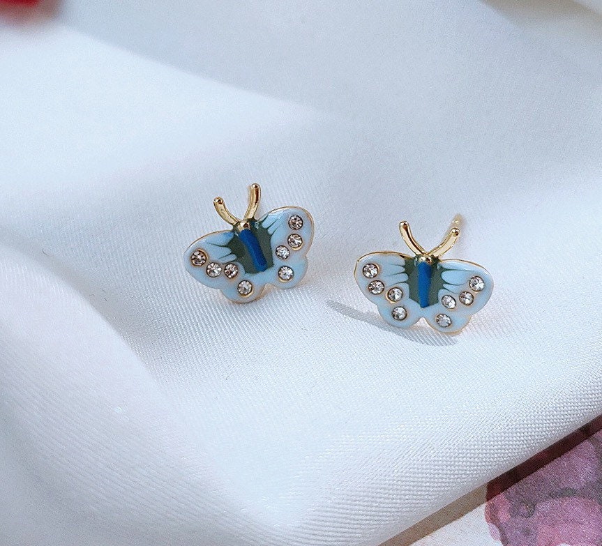 Tiny Enamel Butterfly Earrings, Sterling Silver, Gifts for kids, Cutest, Delicate, Blue