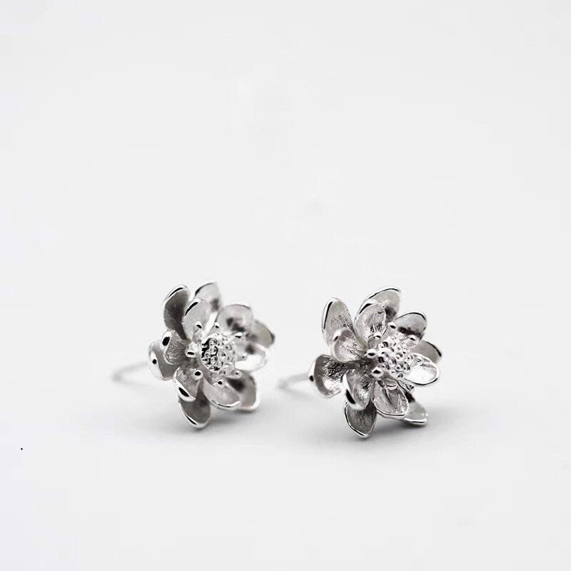Silver Lotus Earrings, Flower Earrings, Stud Earrings, Sterling Silver, Gifts for her, Elegant