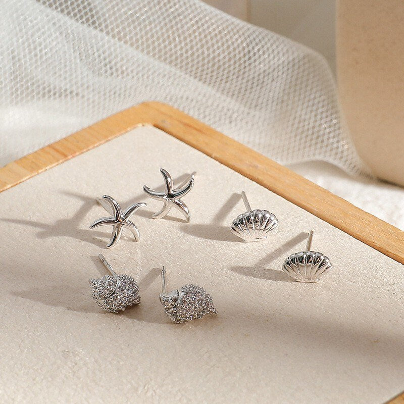 Set of 3 pairs, Starfish earrings , Seashells studs,  Conch earrings, Scallops, Sterling Silver, S925, Dainty, Gift for her